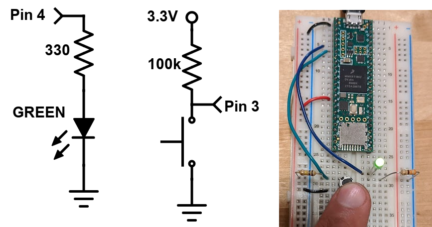 Image of button and LED teensy circuit diagram