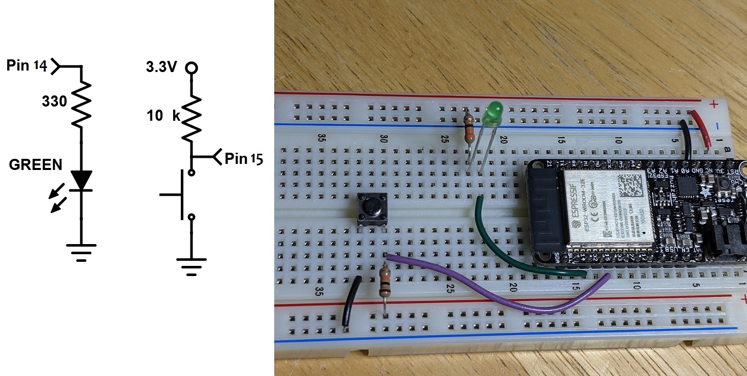 Image of button and LED Huzzah32 circuit diagram